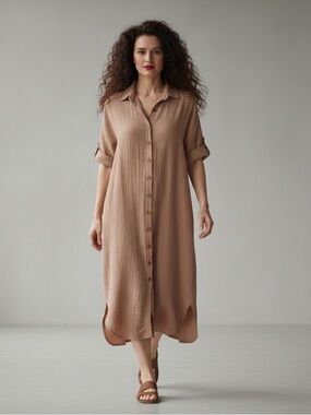 Breezy Gauze Midi Button Front Shirt Dress Terracotta Size L